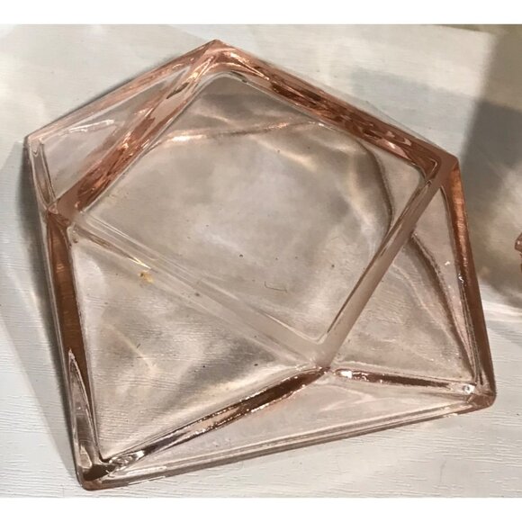 Glass Vanity Container Vintage Diamond Shaped Pink 2 Pc Powder Trinket Dish - Picture 8 of 11